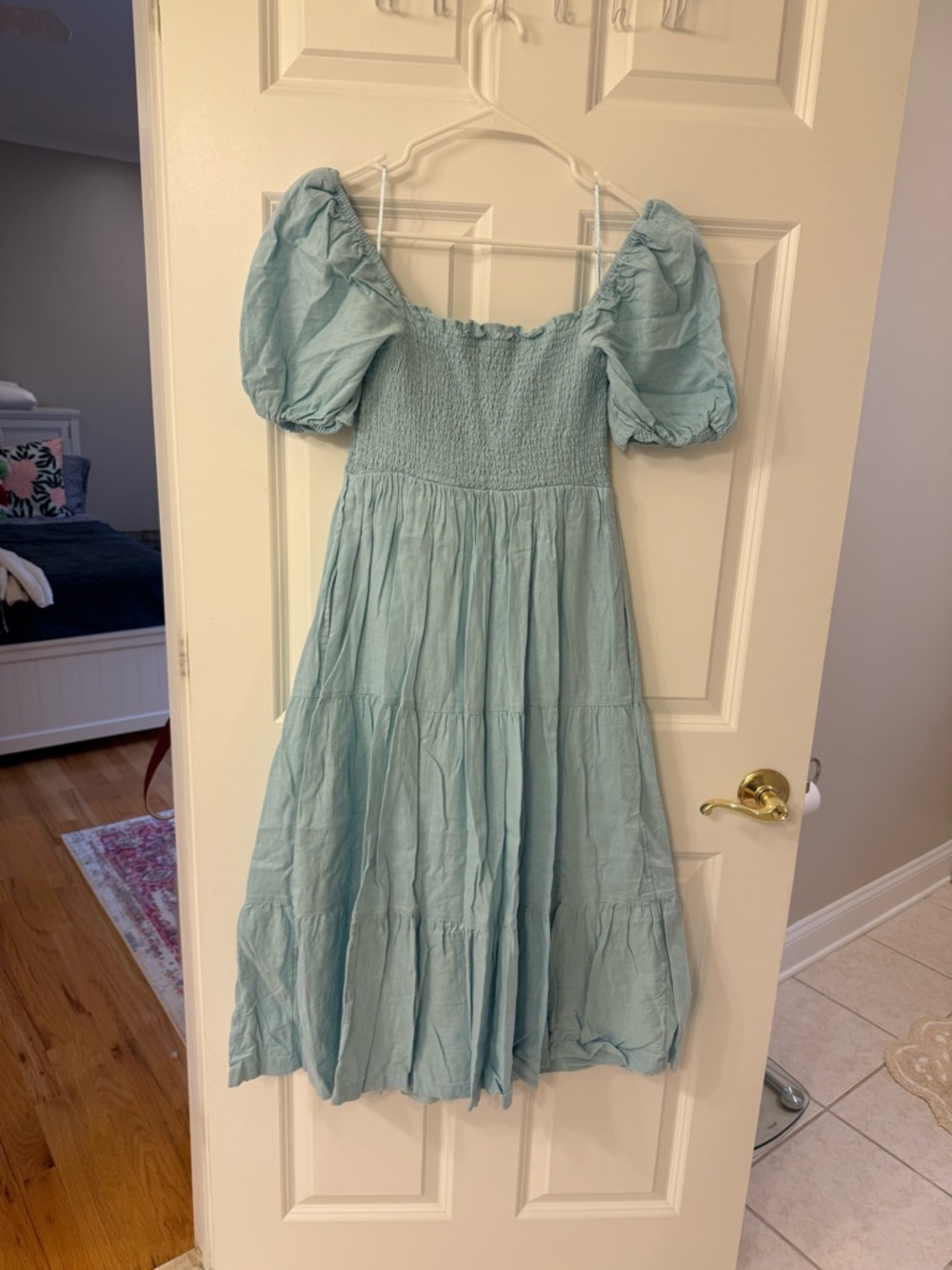 Abercrombie Smocked Bodice Linen-Blend Midi Dress Blue - Picture 5 of 5
